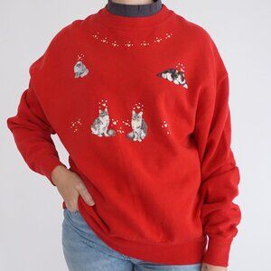 Vintage Jerzees Red Cat Kitten Embroidered Sweatshirt Grandma Chic Kitschcore M